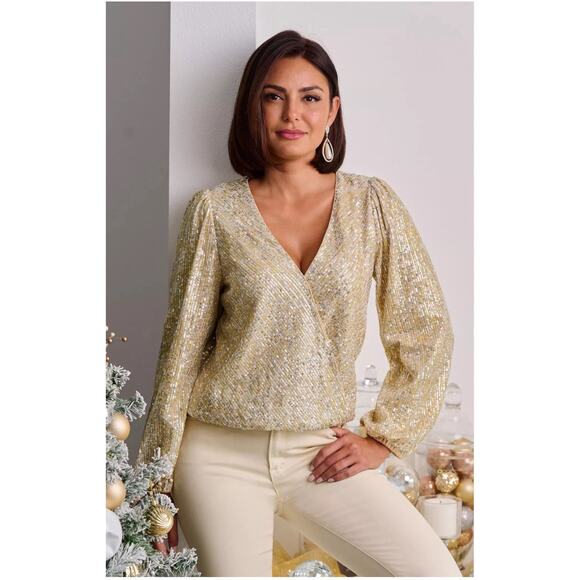 Boston Proper Gold Sequin Surplice Wrap Blouse Sz M Sparkly Glam Disco - Picture 1 of 7